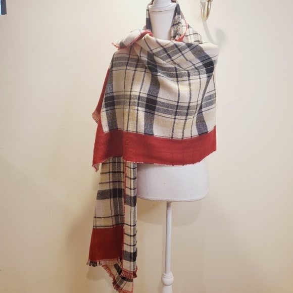 CARLOTTE DANIEL women's  large red plaid reversible Scarf - Picture 5 of 8